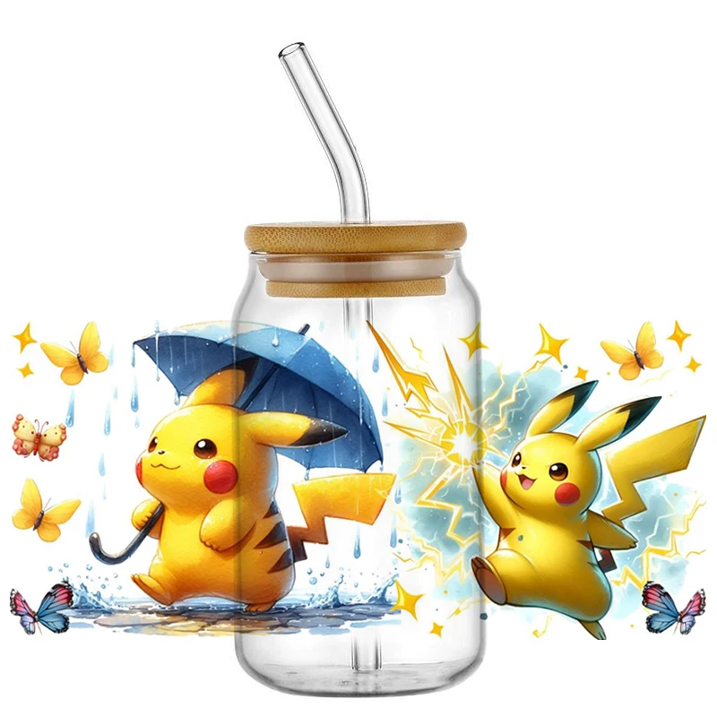 Miniso śliczne Pikachu naklejka zmywalna UV DTF folia na kubek do 16oz Libbey okulary Pokemon DIY kubek z motywem kreskówkowym naklejka transferowa