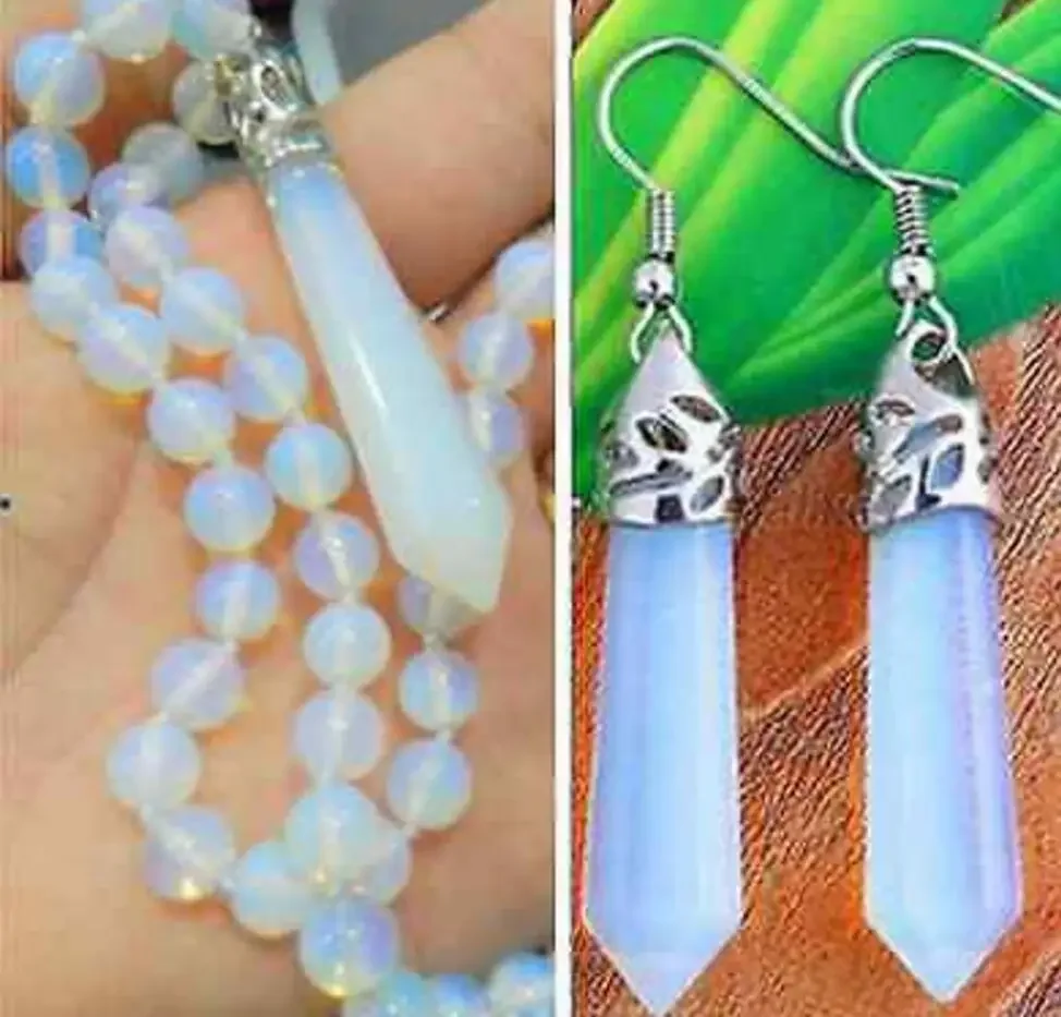 New Hexagonal stone Healing Chakra Reiki Opal Opalite Necklace + earrings 18inch