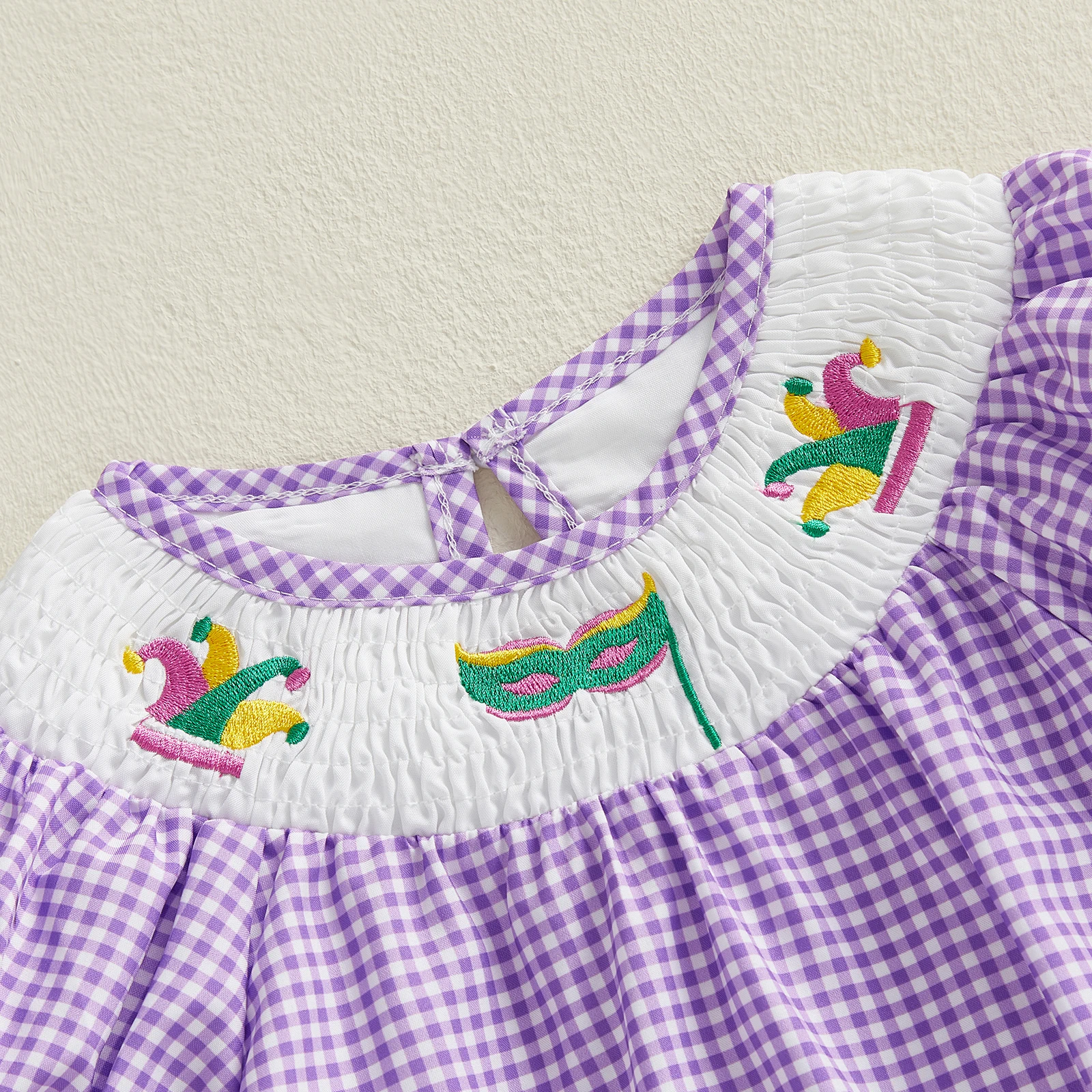 بدلة قفز للأطفال البنات MardiGras منقوشة على شكل تاج مطرزة بأكمام قصيرة ملابس كاجوال للصيف والربيع