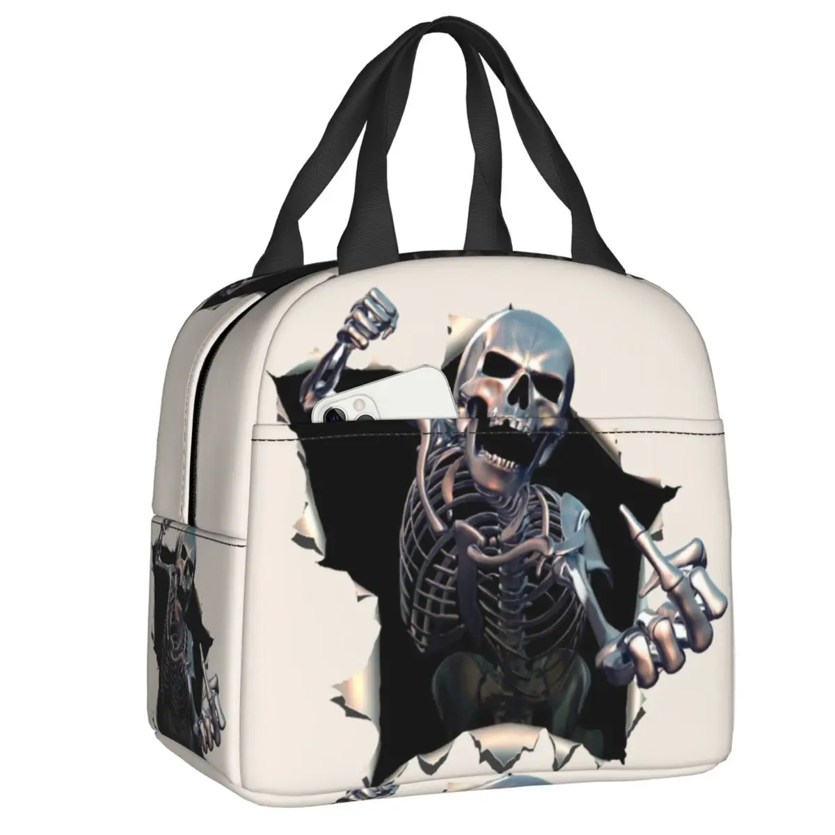 

Torn Metal Skull Insulated Lunch Tote Bag Gothic Skeleton Resuable Warm Cooler Thermal Lunch Bag Picnic Food Container Tote