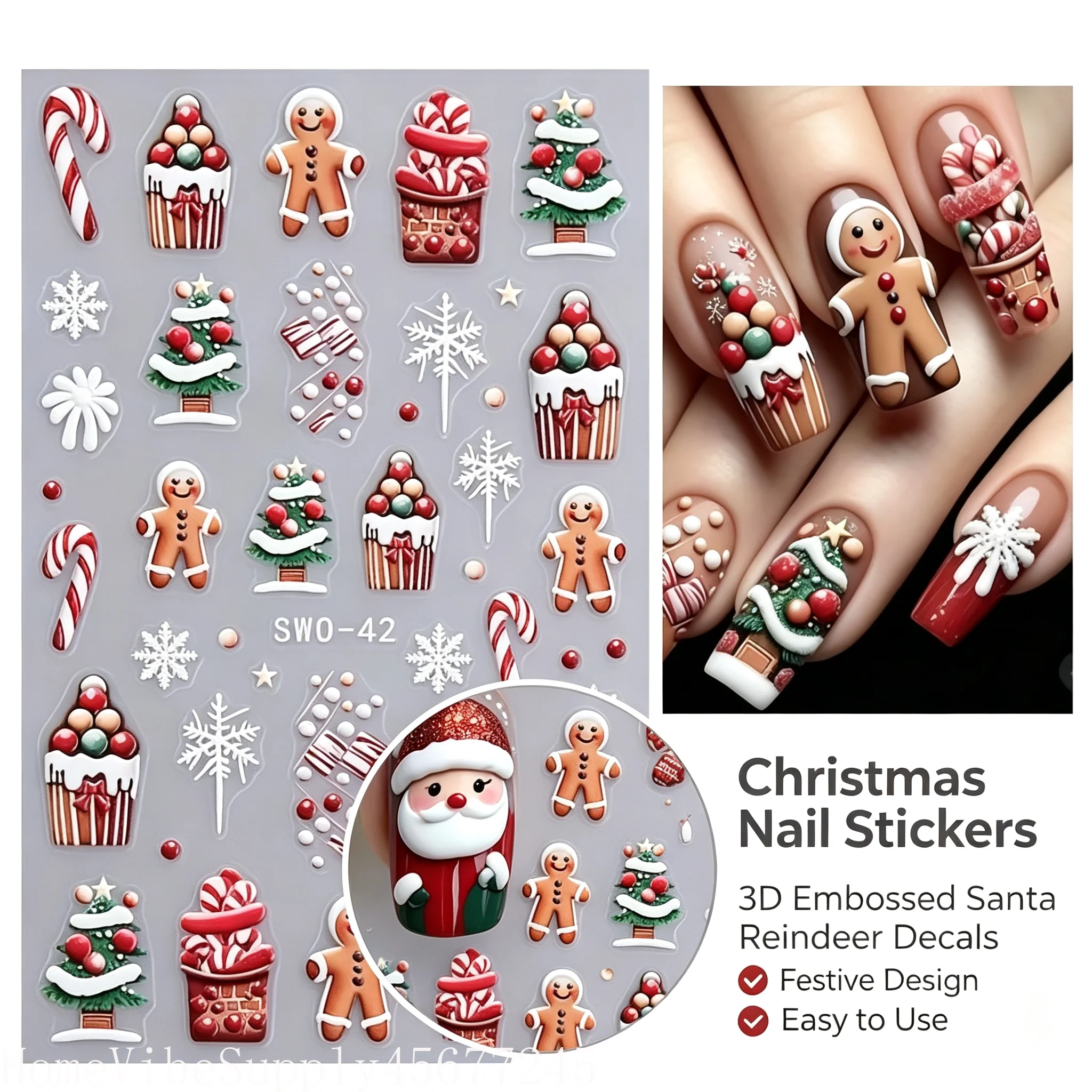 3Pcs Christmas Nail Art Stickers, Self-Adhesive Holiday Nail Decals with Santa Snowman Reindeer Snowflake Tree Designs for Festive Manicure DIY Decor