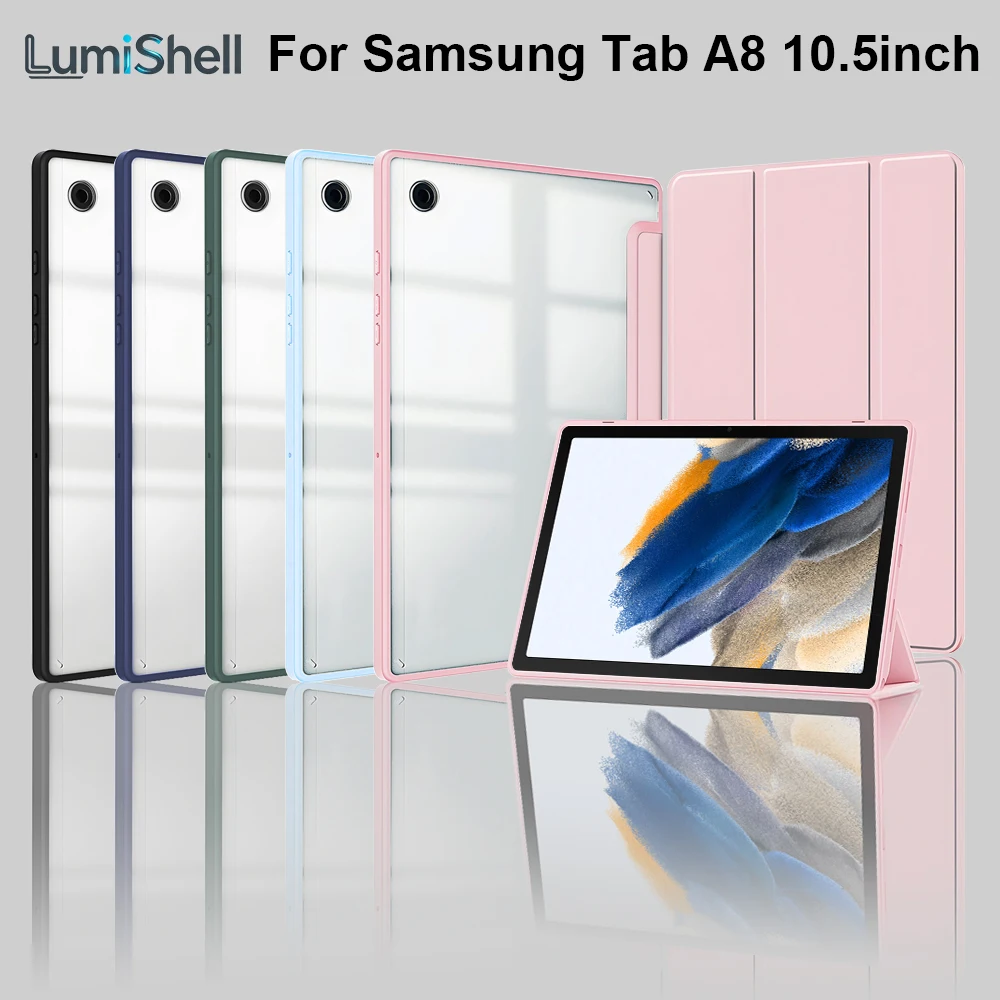 Case For Samsung Galaxy Tab A8 10.5inch SM-X200 X205 2022, Clear Transparent Back Shell, Tri-fold Stand Auto Wake/Sleep Cover