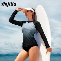 Anfilia Women Swim Rash Guard Top Crew Neck Long Sleeves Gradient Block Color Fish Scale Print Swim Shirt Top UV Protection