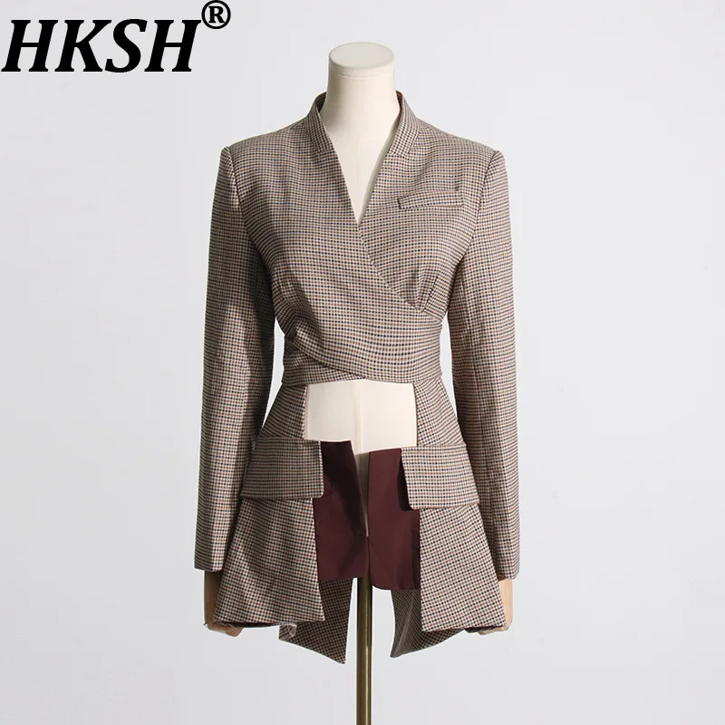 

HKSH весенне-осенний новый женский пиджак в клетку с перекрестной шнуровкой на талии, ажурный облегающий модный элегантный шикарный пиджак HK14411