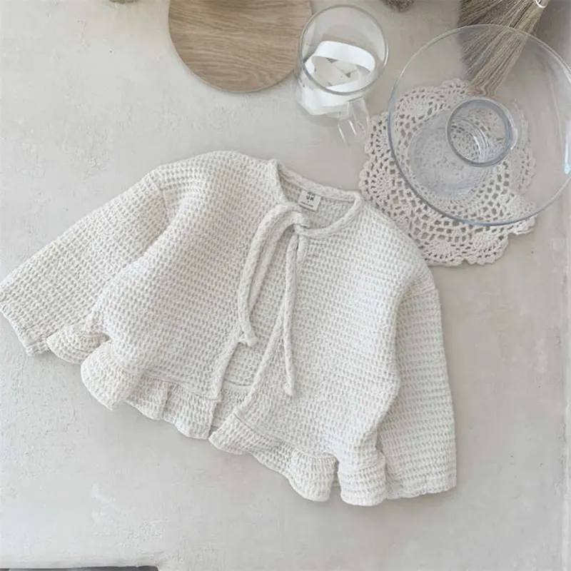 Newborn Baby Girl Boy Cotton Waffle Cardigan Toddler Child Long Sleeve Coat Solid Ruffle Jacket Spring Autumn Baby Clothes 9M-2Y