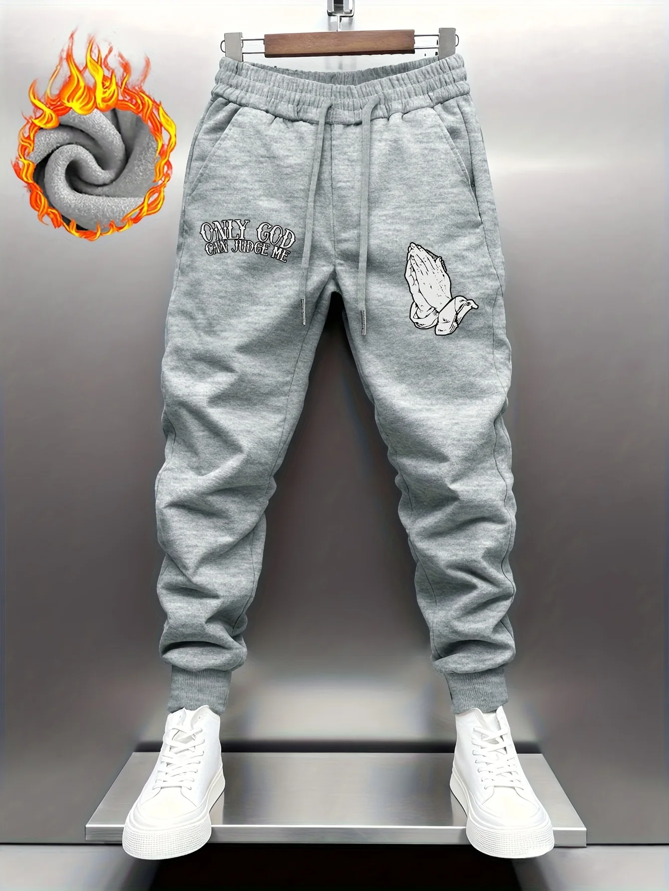 Spiritual‑vibe monochrome prayer hands letter graphic street‑style dual‑side sweatpants men hip hop sports jogger trousers