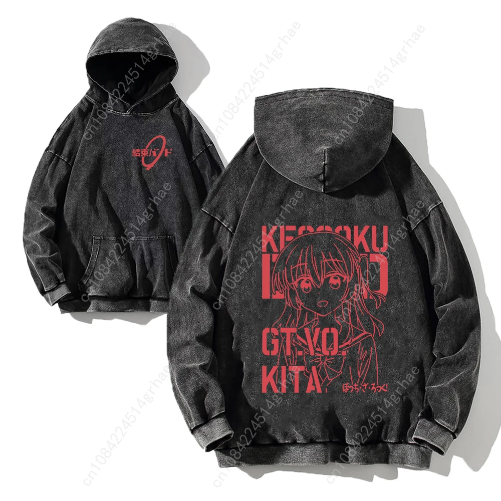 BOCCHI THE ROCK ล้างเสื้อฮู้ดพิมพ์ลายวินเทจเสื้อฮิปฮอปสตรีทผู้ชายผู้หญิงกรดเสื้อสวมหัวมีฮู้ดย้อนยุค Y2K เสื้อผ้า