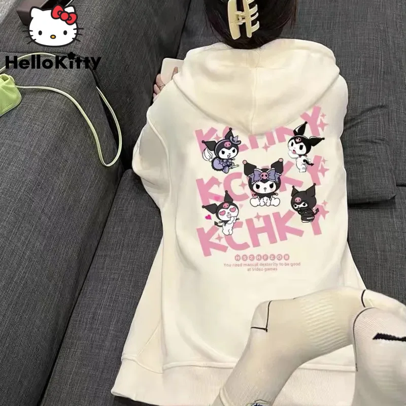 Sanrio Kuromi New Zipper Top Shirts Cute Loose Sweatshirts Hooded Women Fashion Hoodie Cartoon Print Cardigan Y2k Trend Clothes