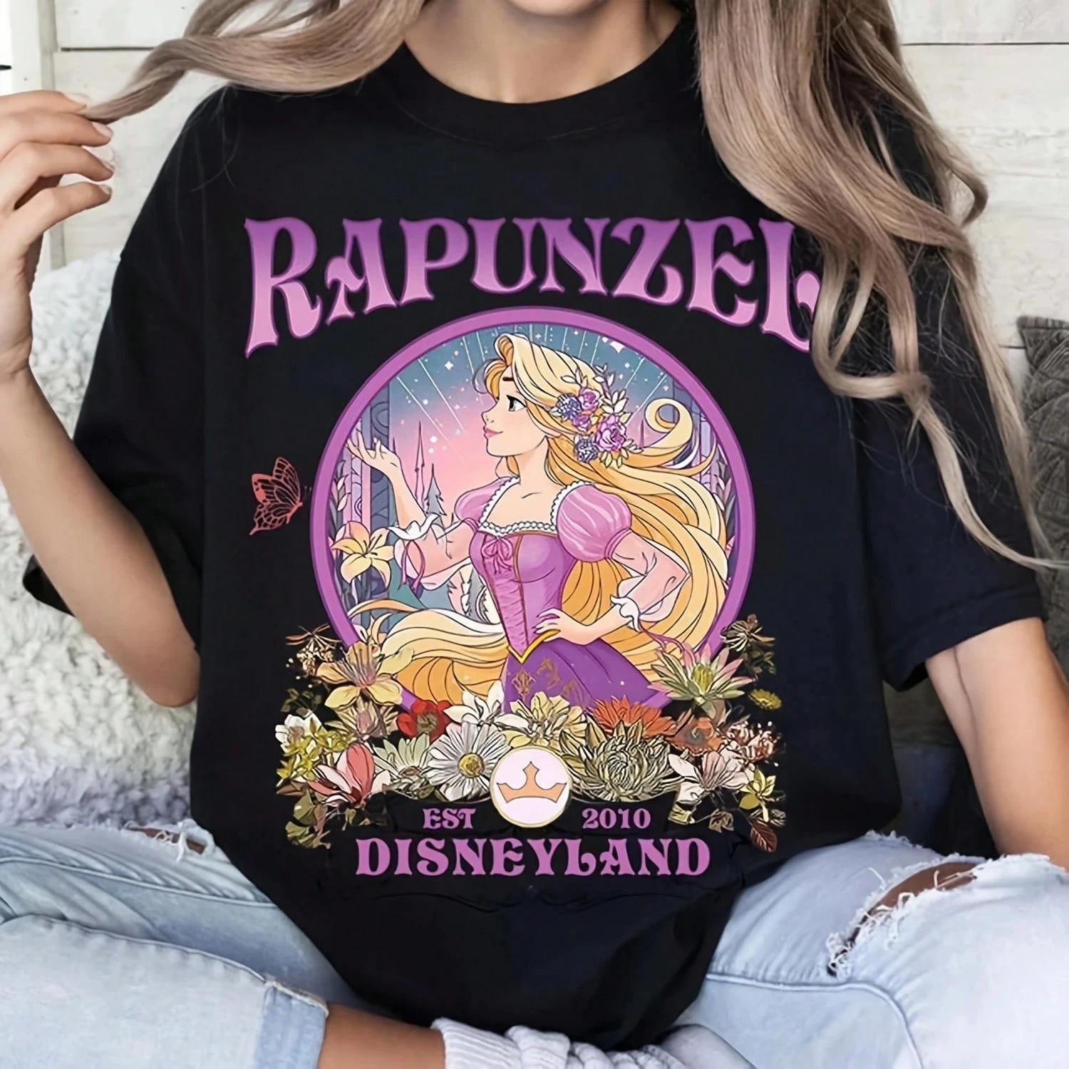 

Disney Princess Rapunzel floral print t-shirt unisex high-quality streetwear top graphic t shirts y2k top oversized t shirt