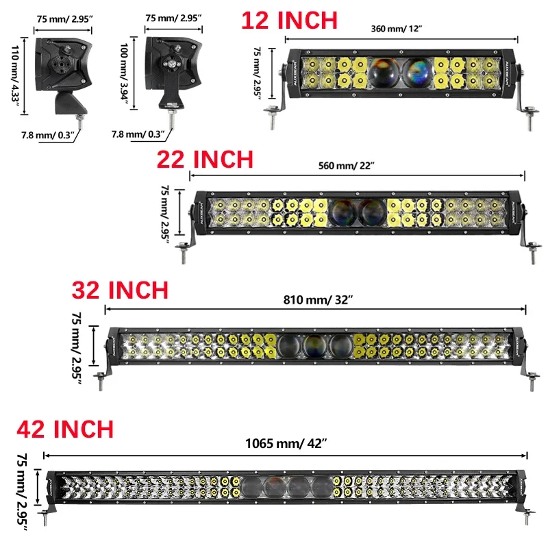 Auxbeam 12/22/32/42 Inch 5D Pro Series Combo Beam LED Work Light Bar for Truck Pickup Offroad