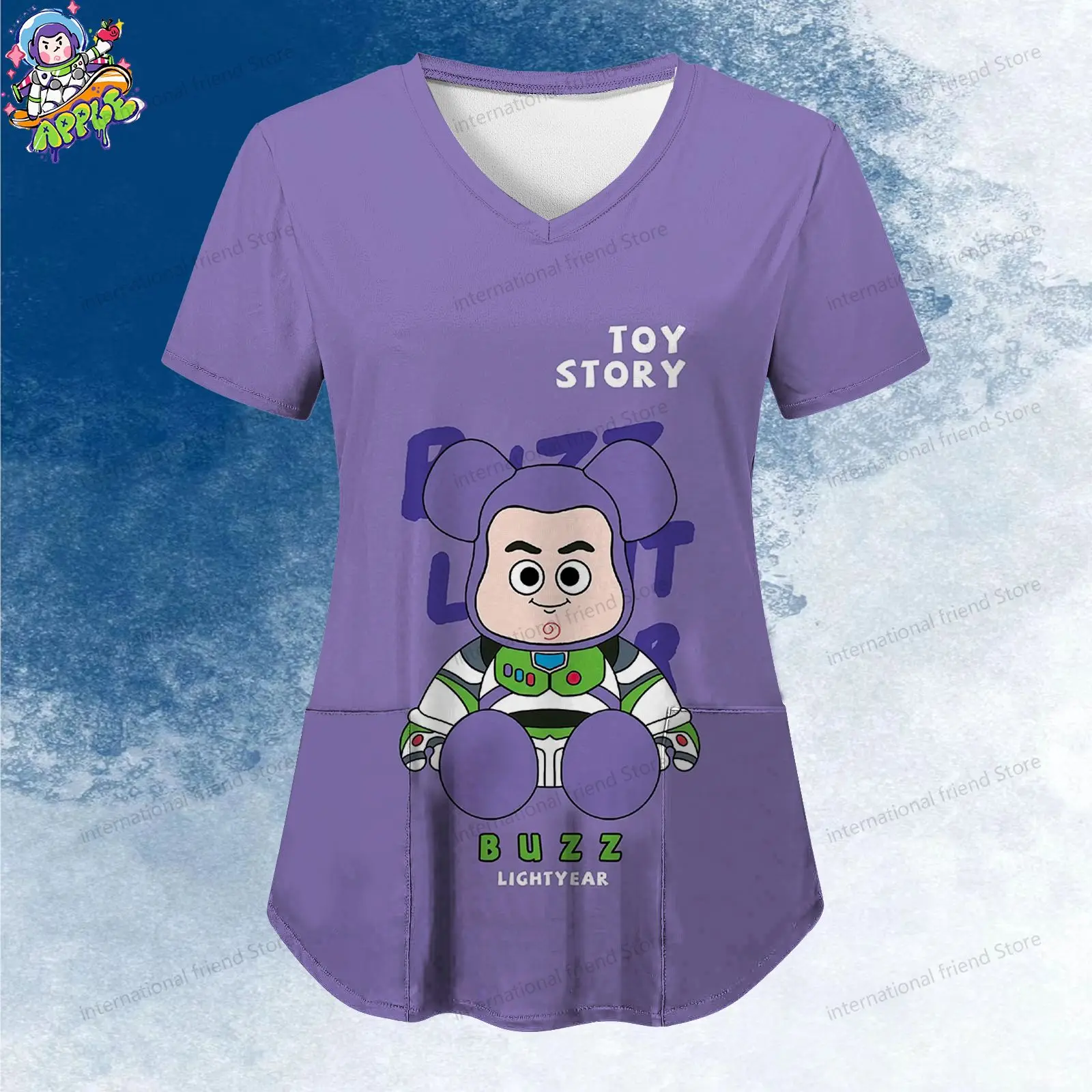 Pocket Woody Women's V Neck Nurse Uniform T-Shirt Disney Toy Story Y2k Youthful Woman Clothes Cheap Top Summer Short Sleeve 2024