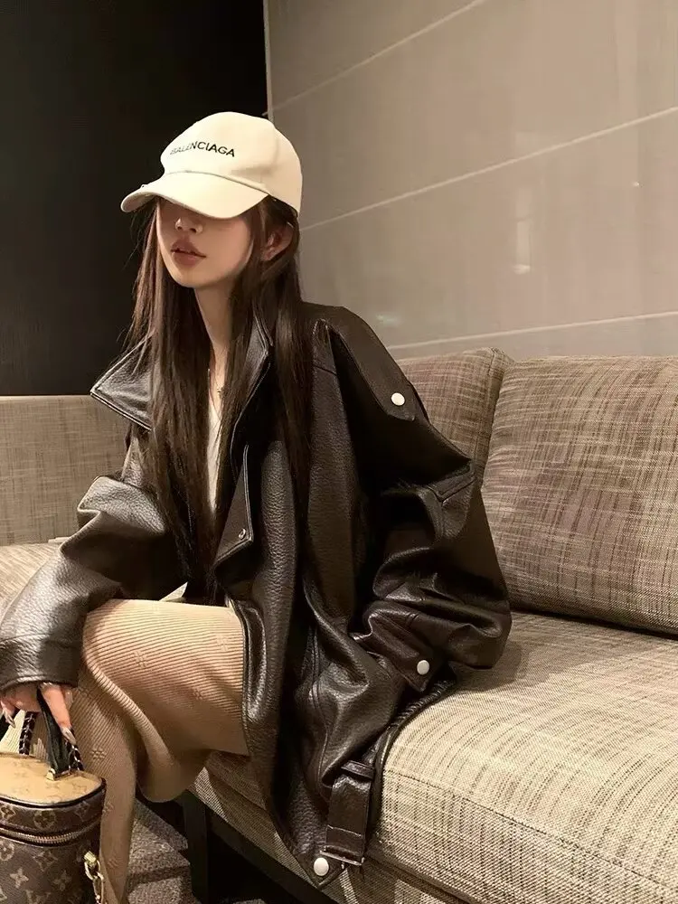 Faux Pu Leather Coats Women Solid Jackets Belt Zipper Turn Down Collar Long Sleeves Loose Casual Streetwear 2025 Spring Autumn