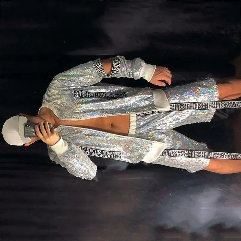

Men Singer Silver Sequins Jacket Pants Pole Dance Rave Outfit Men Nightclub Dj Hip Hop Jazz Stage Performance Clothes
