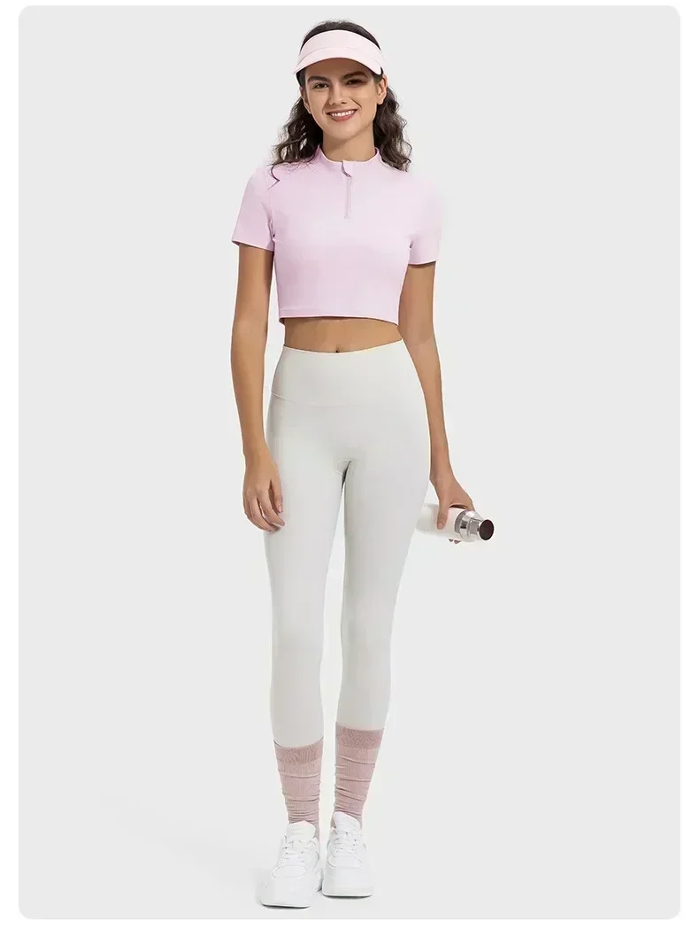 Limão feminino yoga esporte manga curta topo ao ar livre jogging lazer deslocamento roupas esportivas macio gola alta meio zíper camisas