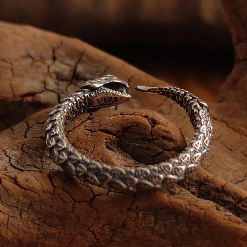 Ouroboros S925 Sterling Silver Retro Niche Texture Adjustable Ring Men's Tail Ring Women's