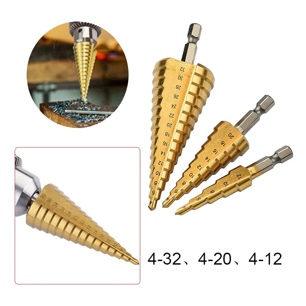 N84R HSS Step Drill Bit Set Of 3, 4-12Mm 4-20Mm 4-32Mm Cone Titanium Wood Metal Hole Cutter Hex Shank Drive Quick Change Tool