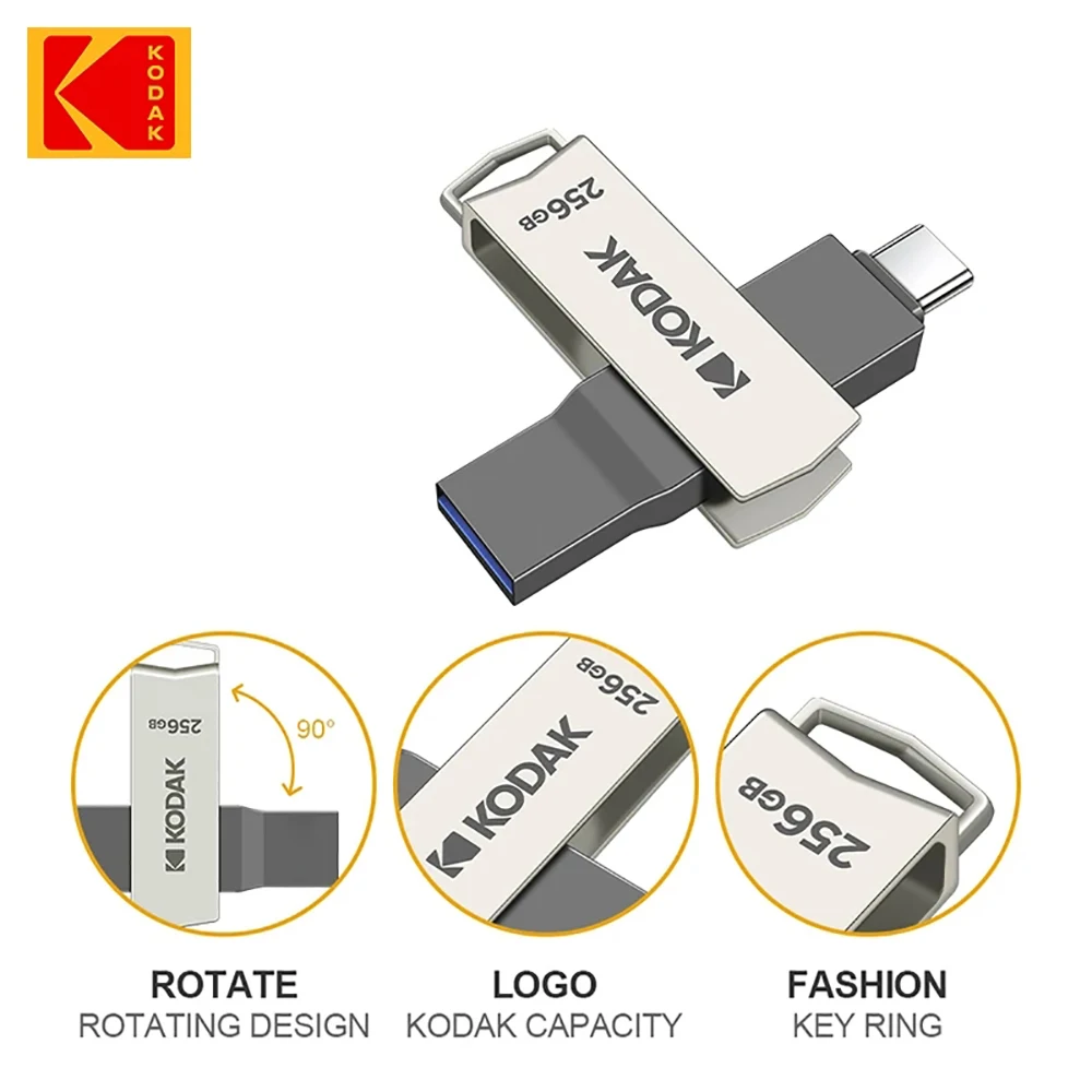 Kodak 2in1 Metal USB Flash Drives 256GB USB3.2 Pendrive Type-C USB 3.2 High Speed Dual Memory stick 256GB Pen Drive For Phone