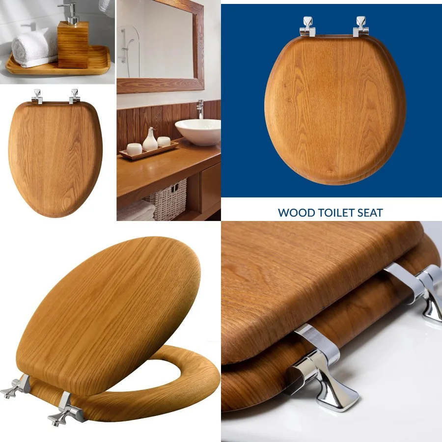 

Natural Oak Veneer Toilet Seat with Chrome Hinges Round for Bathroom Decoration Durable Wooden Design with Elegant Finish and S