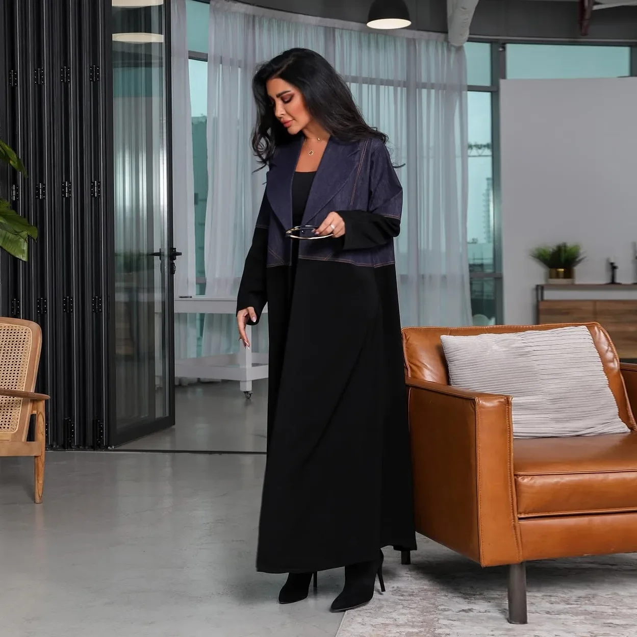 2025 الدنيم المرقعة سترة مفتوحة عباية بدوره إلى أسفل طوق دبي مسلم فستان طويل فضفاض عادية قفطان رداء جلابية الإسلام الملابس