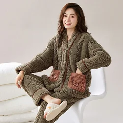 Woman Autumn Winter Warm Pajamas Set Fashion Casual Korean Minimalist Style Cartoon Girl Thick Trendy Sleepwear