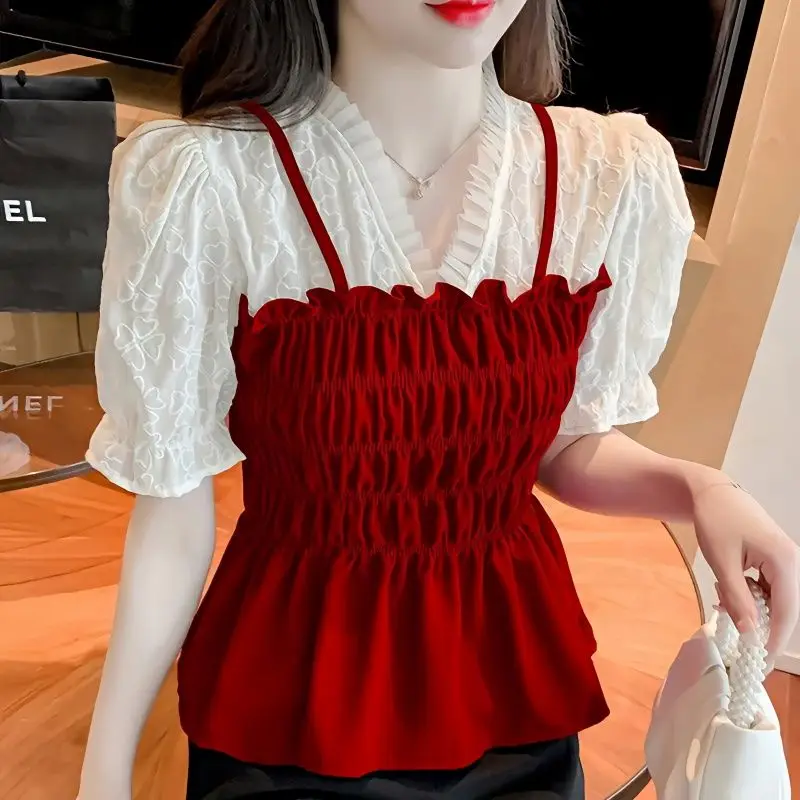 Short Sleeve Lace Patchwork Pleated Elegant Blouse Summer New Fake Two-piece Fashion Shirt Tops Temperament Korean Women Clothes