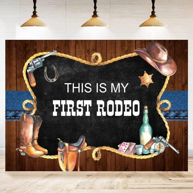 Western Cowboy Photography Backdrop Brown Wooden Texture First Rodeo Vintage Wild Cowboy Party Photo Shoot Backgrounds Banner