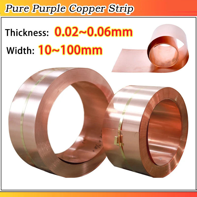 Pure Copper Strip Coppers Sheet Metal Sheet Purple Coppers Foil ﻿ 1 Meter Thickness:0.02/0.03/0.04/0.5/0.06mm Width:10~200mm