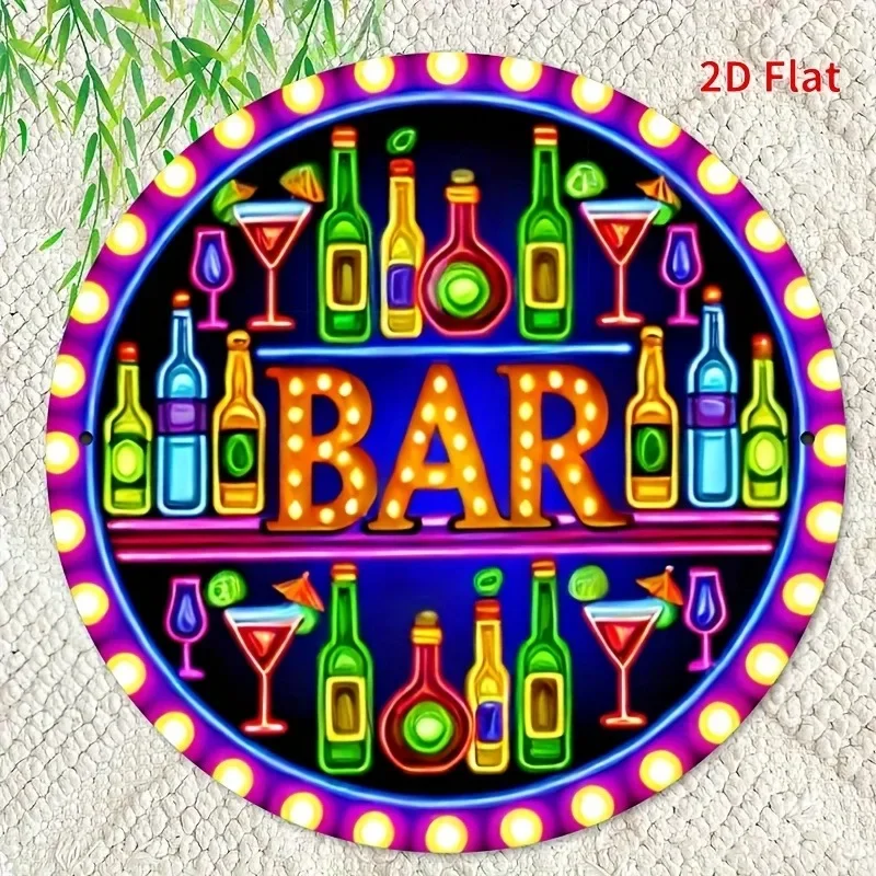 Neon Bar Wine Bottle Metal Sign 1PC 2D Flat 20x20cm Round Retro Pub Club Indoor Wall Hanging Decoration