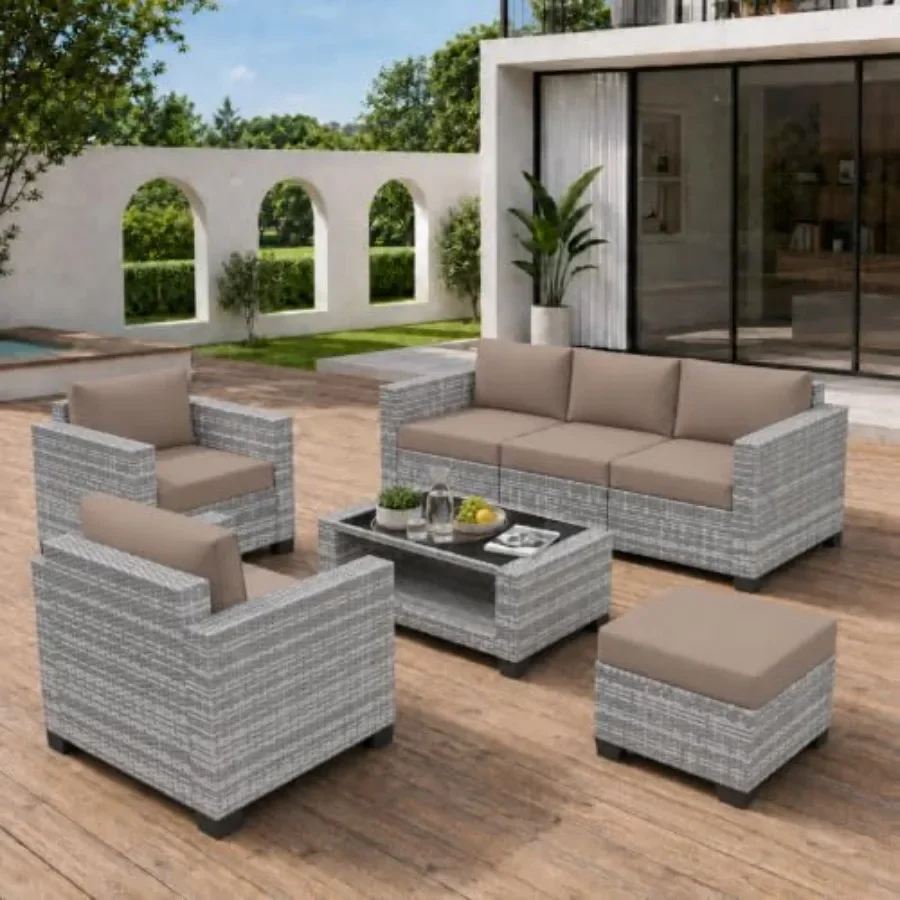 Patio Furniture Set 7 PCS Patio Conversation Sets, All-Weather PE Rattan Outdoor Sectional Sofa with Cushion and 2- Tier Glass