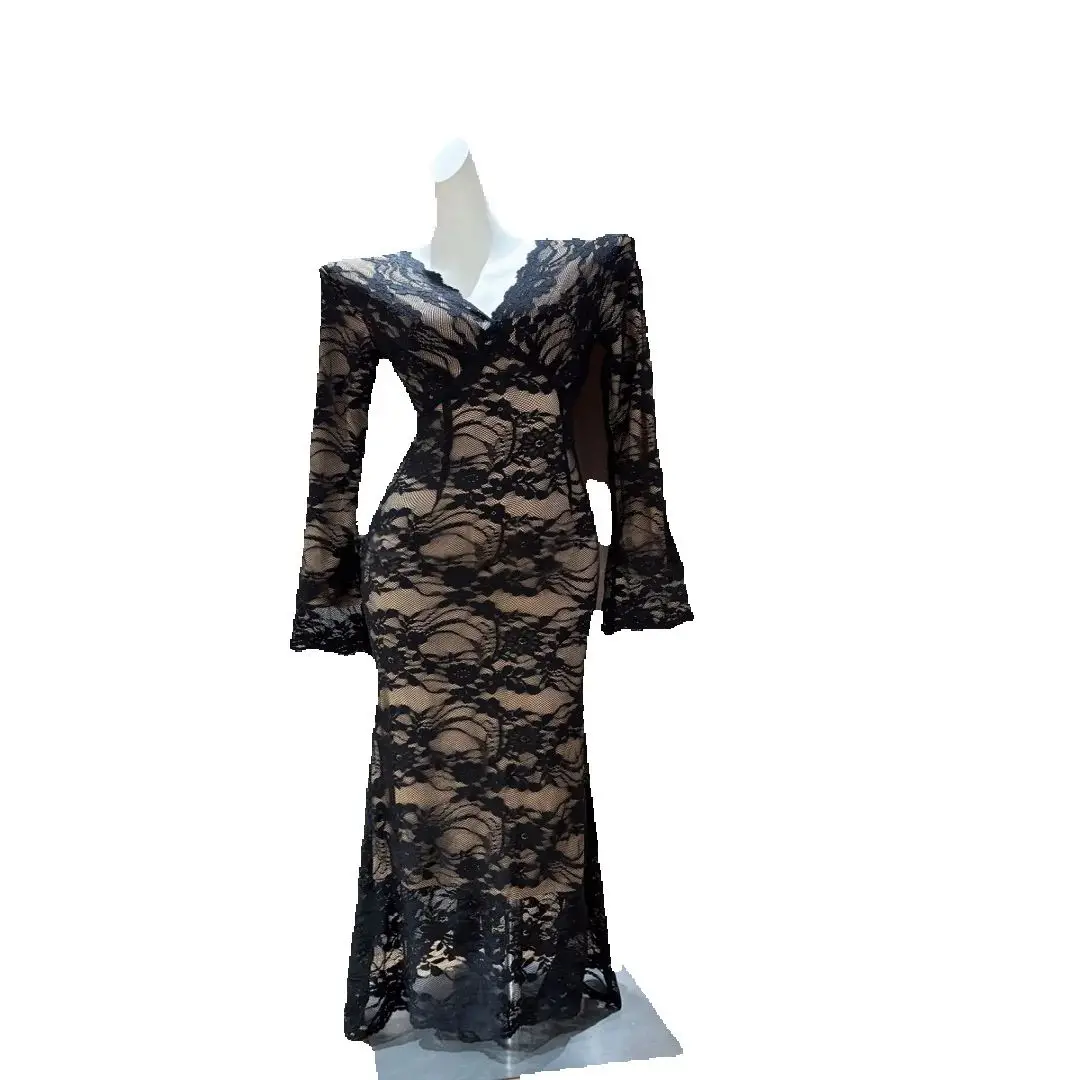 섹시한 블랙 레이스 긴 소매 브이넥 롱 드레스 여성용 우아한 이브닝 파티 기념 바디콘 칵테일 드레스 디자인 의류