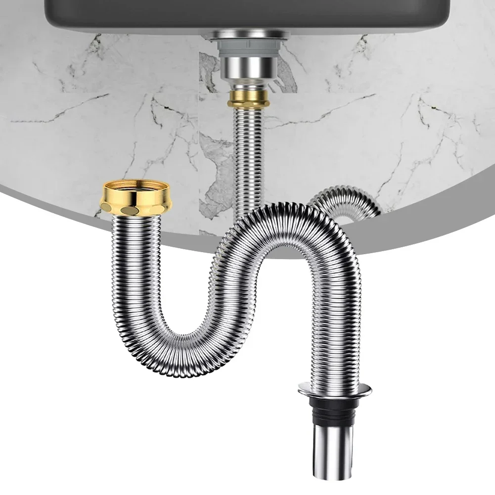 Tuyau d'Évier Flexible en Acier Inoxydable avec Siphon d'Extension, Valve de Vidange des Déchets Utile, 40cm/60cm R M