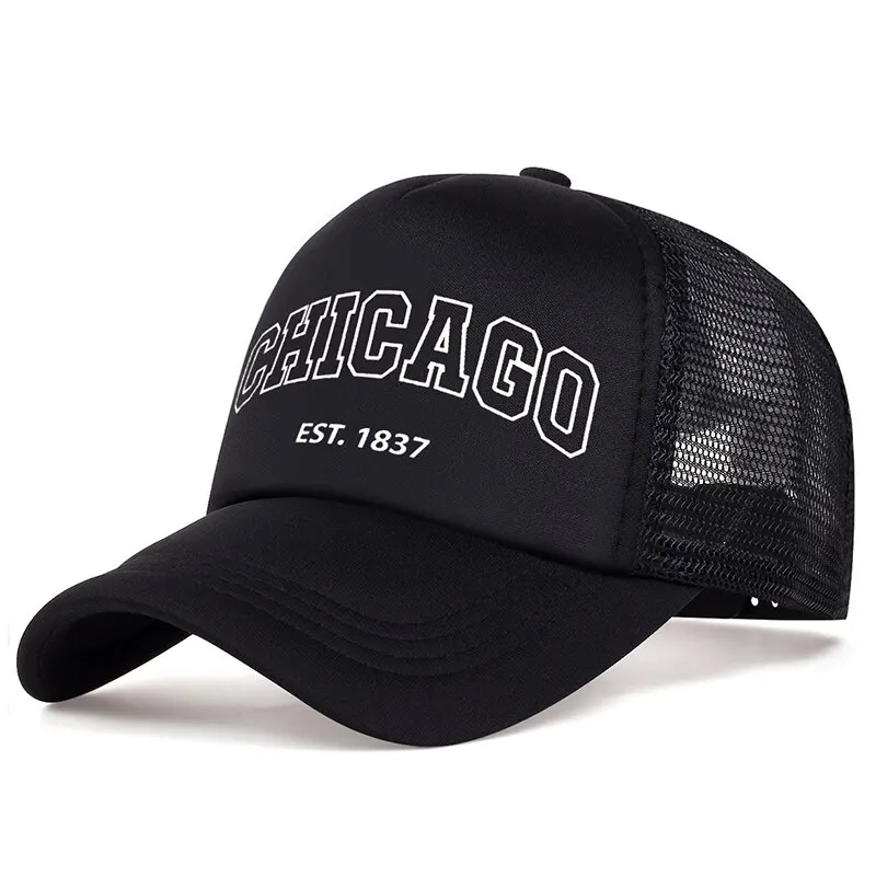 Letnia męska siatkowa czapka z daszkiem Outdoor Sport Chicago Letter Snapback Hat Dla kobiet Unisex Oddychające czapki Hip Hop Trucker Hats