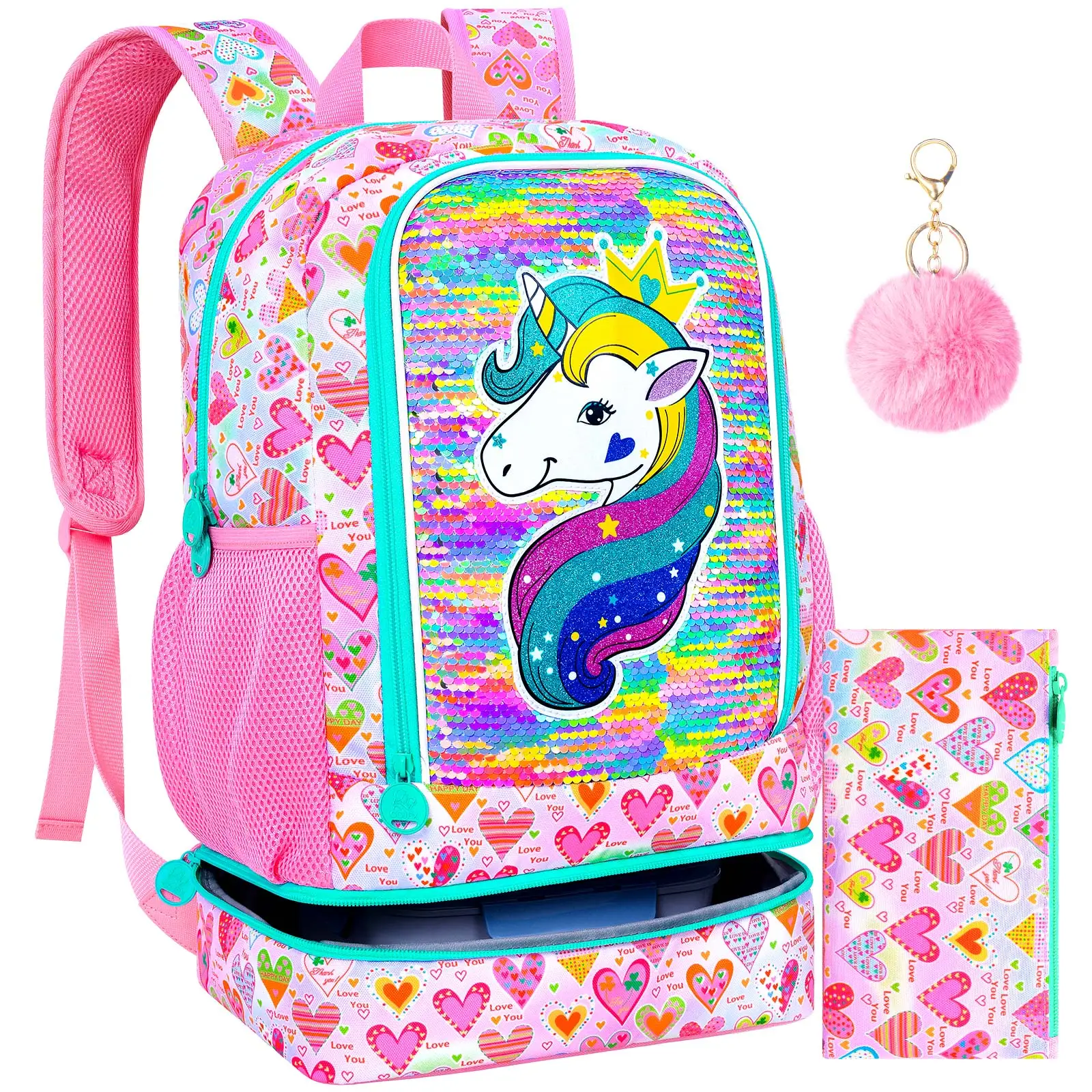 

2 In 1 Unicorn Backpack for Girls, 17" Kids Bookbag with Insulated Lunch Box, School Backpacks for Elementary Preschool