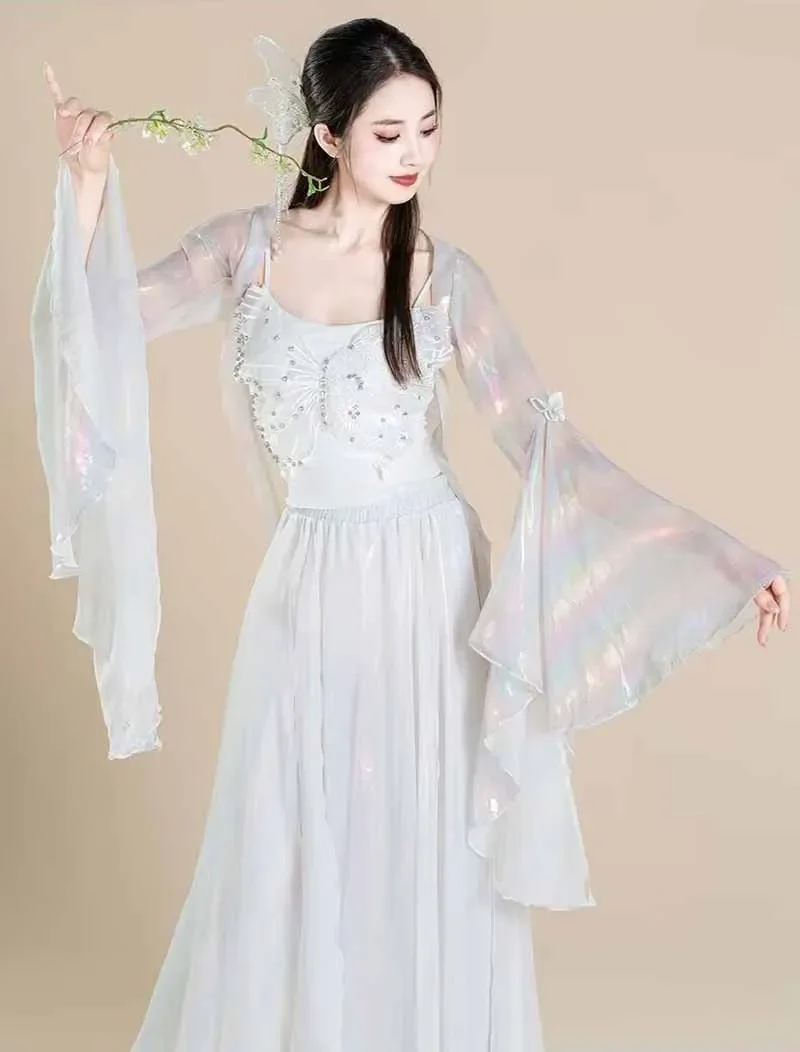 أزياء الرقص الكلاسيكي فراشة الشاش أنابيب كولوتيس 3 قطعة مجموعة النساء الصينية الجسم ممارسة موحدة الوردي الأبيض الأزرق فستان رقص