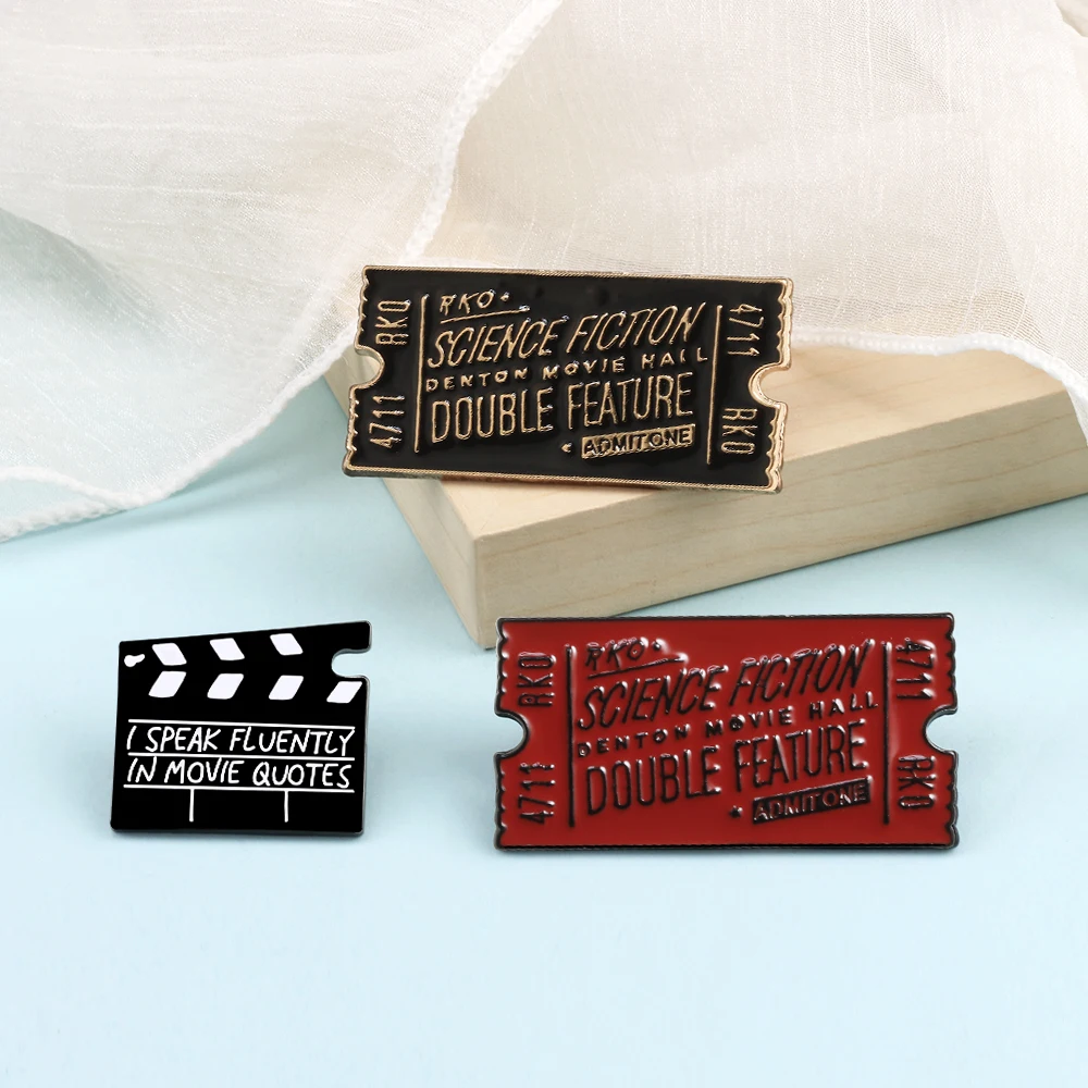 Clapperboard Movie Ticket Enamel Pins Movie Scene Board Rocky Horror Science Fiction Black Red Badge Lapel Brooch For Women Men