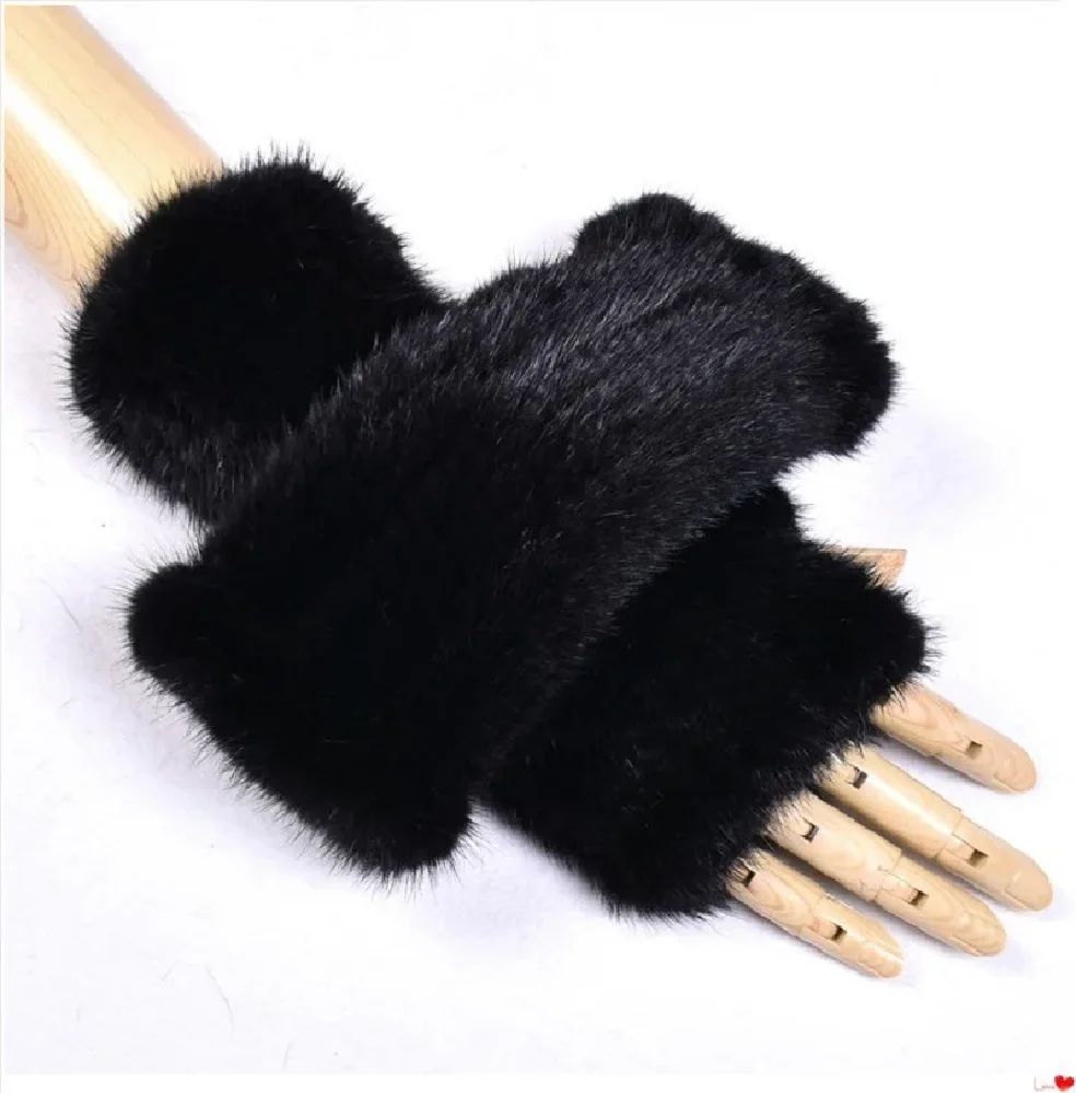 

Men's Real Mink Fur Fingerless Glove Winter Mittens Wrist Warm Mitts Typing Riding High Elastic Black