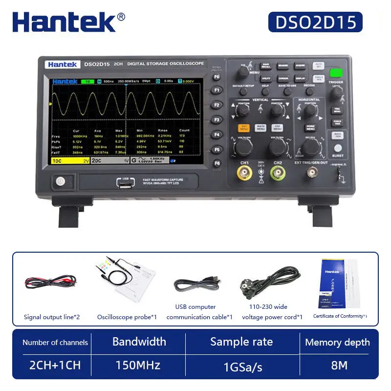 Hantek Bandwidth 150MHz Dual Channel Oscilloscope with Built-in 1CH Source, 1GSa/s Sampling Rate, DSO2D15 Oscilloscope