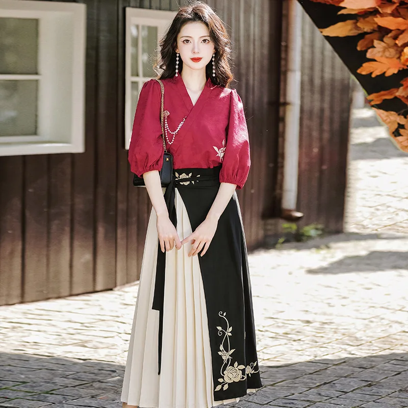 

Original design rose love poem Chinese style improved Chinese elements Hanfu women's blouse skirt suit