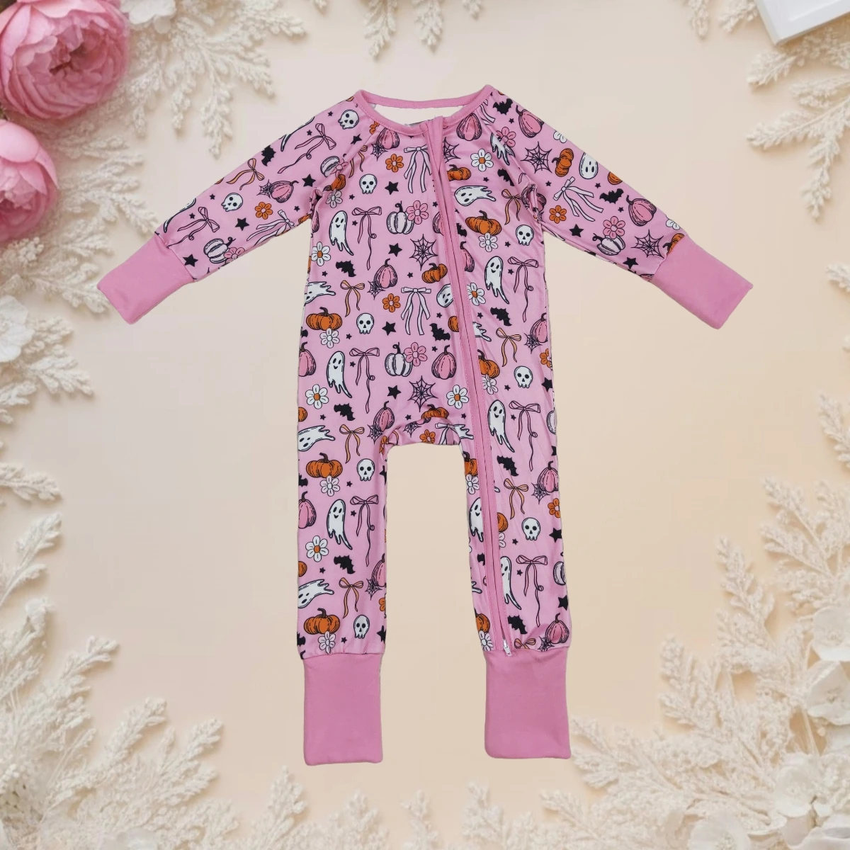 

Newborn Long Sleeve Sleeper Romper Toddler Baby Girl Pink Ghost Pumpkin Halloween Zipper Footie Romper Jumpsuit Children Clothes