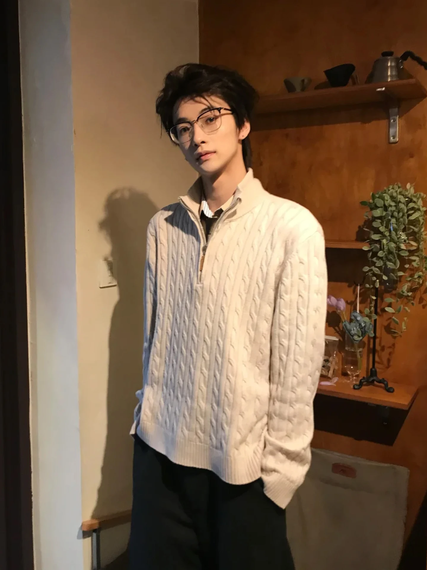 

American Retro f Zip Knitwear Men's Autumn Winter High nce Twist Flower Versatile Knitted Sweater Casual Sle