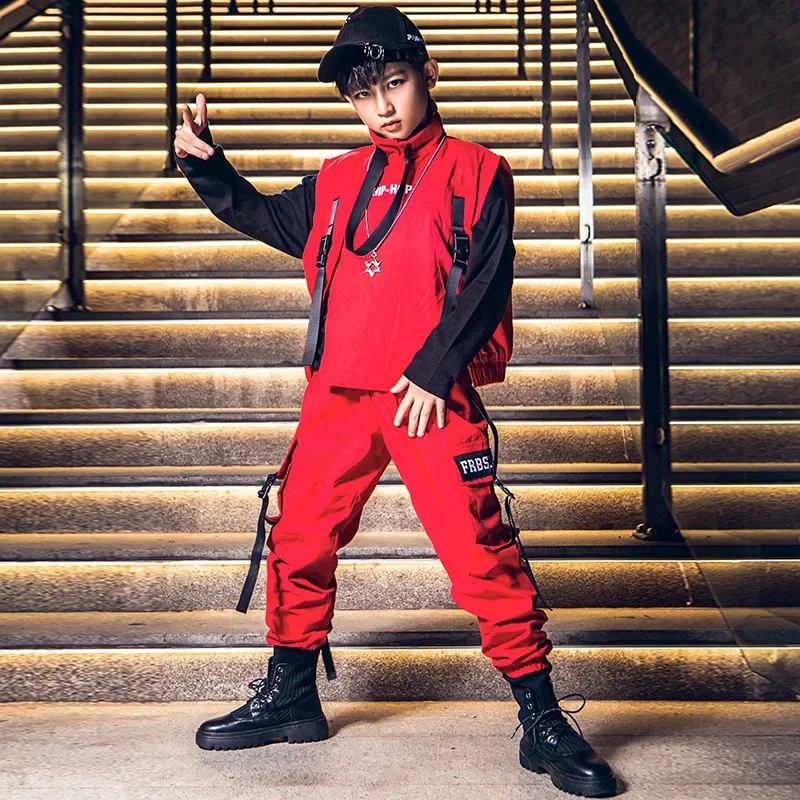 Vêtements de Défilé pour Garçon et Fille, Costumes de Jazz, Hip Hop, brevde Rue, Spectacle sur Scène, Tenues Rouges pour Adolescents