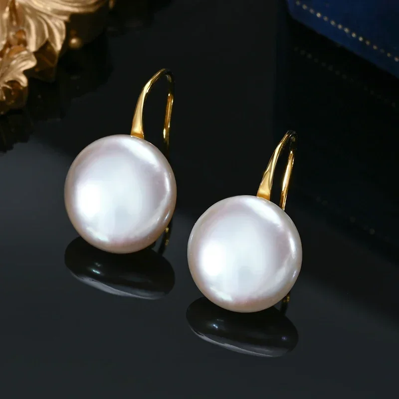 HENGSHENG OL Natural Freshwater 11-13mm White Button Shape Baroque Pearl Earring 925 Sterling Silver Ear Hook Jewelry for Women