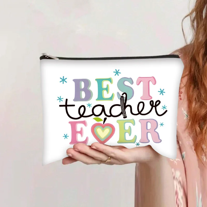Best Teacher Ever Letter Print Cosmetic Bag Portable Zipper Makeup Pouch Travel Toiletry Storage Organizer Appreciation Gift For