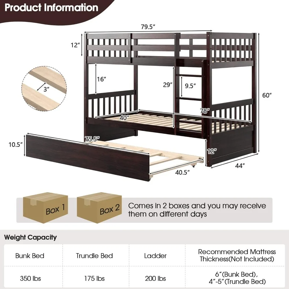 Twin stapelbed met onderschuifbed, converteerbaar platformbedframe met ladder en massief houten frame, ruimtebesparend stapelbed voor kinderen