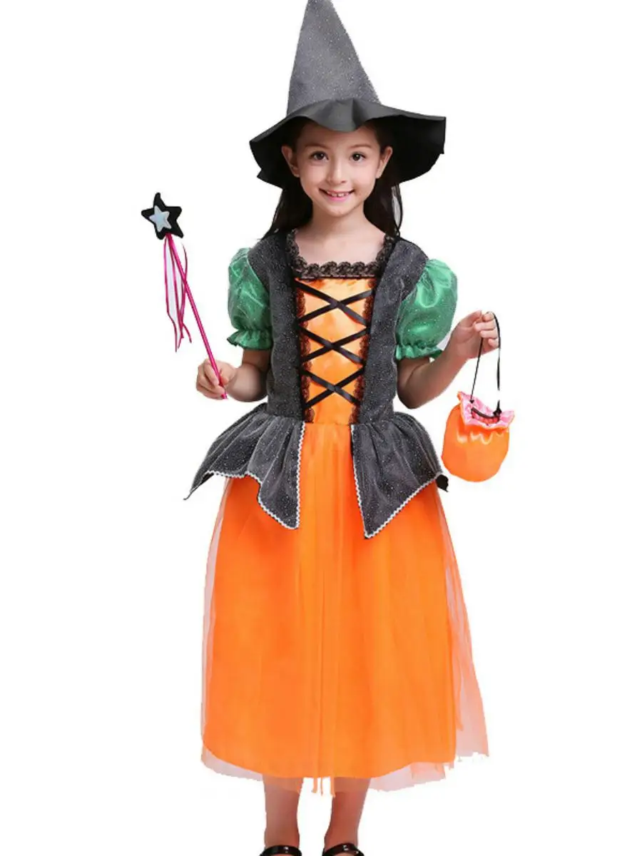

Детский костюм на Хэллоуин: Платье ведьмы, костюм летучей мыши, наряд для девочки в виде тыквы, для маскарада, хлопок, традиционный китайский...