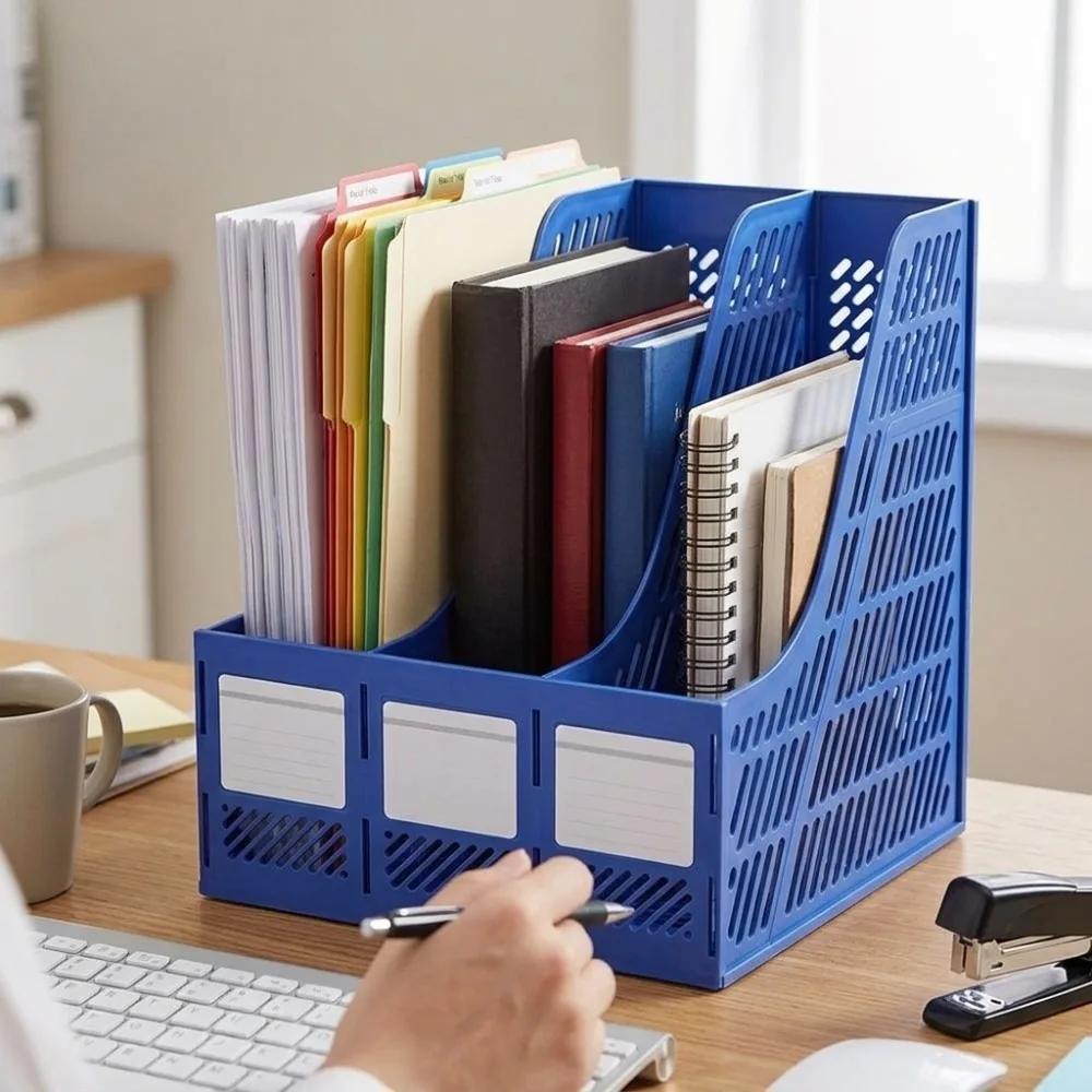 Sturdy PP Desk Organizer 4 Vertical Compartments Sturdy File Sorter Storage Box 3 Compartments Magazine Holder Home Organization
