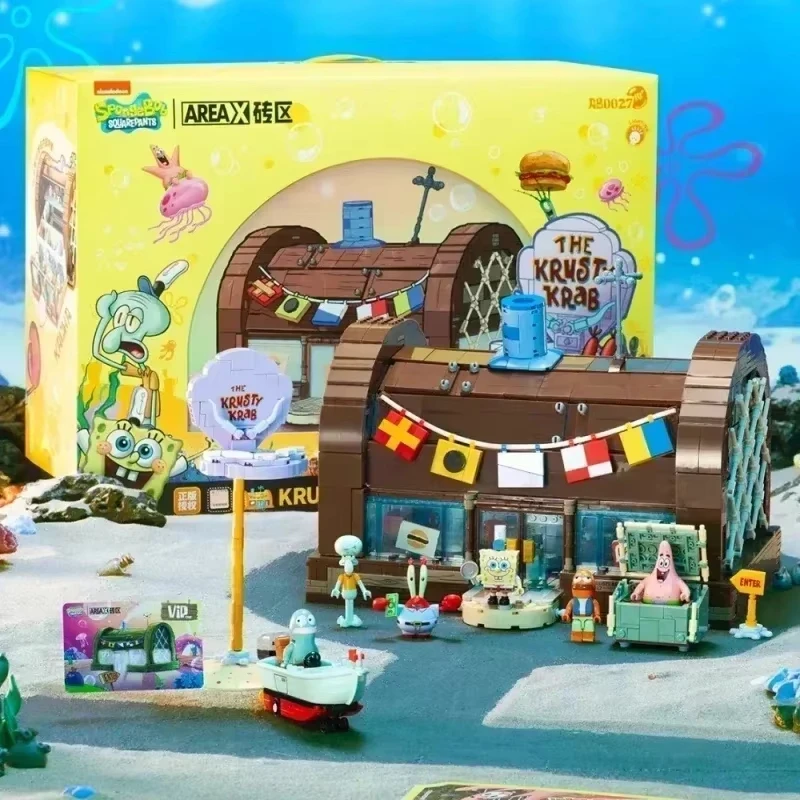 Bob Esponja SquarePants bloques de construcción dibujos animados Krabby Patty restaurante modelo rompecabezas ornamento juguete con caja de