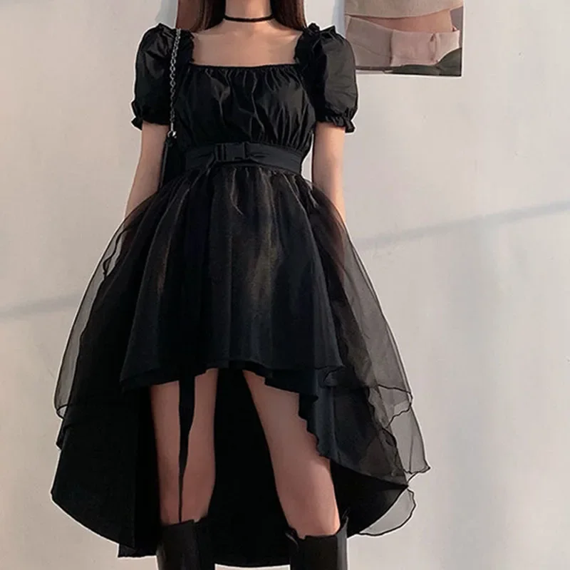 

Harajuku Black Tulle Puff Sleeves Dress Woman French Slim Fit Square Collar Asymmetrical Dresses Female Summer Party Belt Dress