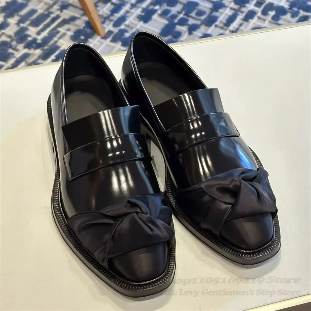 

Black Ribbon Loafers for Men British Style Square Toe Small Leather Shoes Thick Heels Slip-On Casual Business Dress Shoes