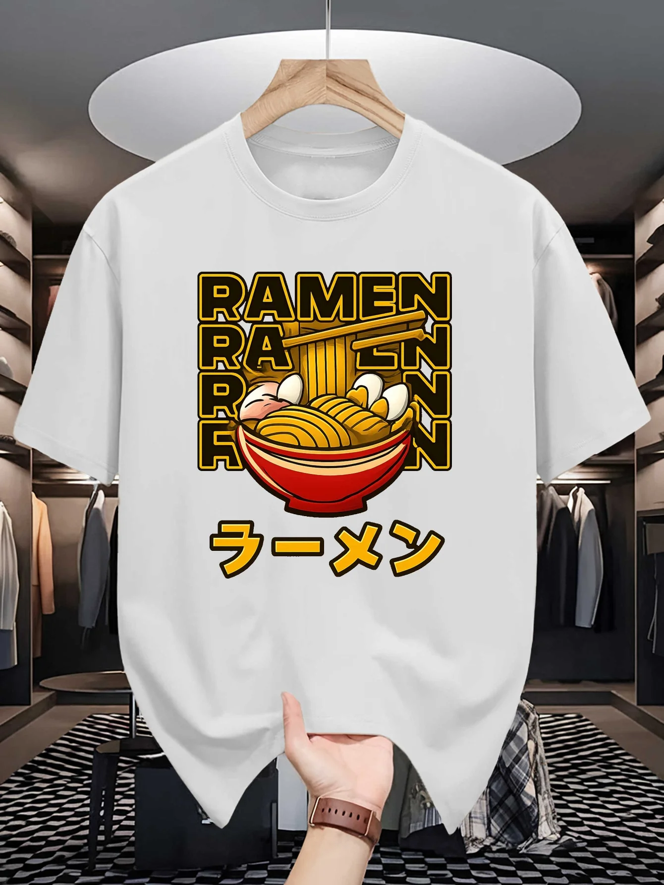 Cartoon Ramen Bowl Graphic Mens Crew Neck T Shirt Japanese Text Asian Food Anime Print Short Sleeve Casual Cotton Daily Tops